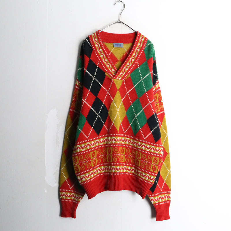 "KENZO" red color argyle v-neck knit