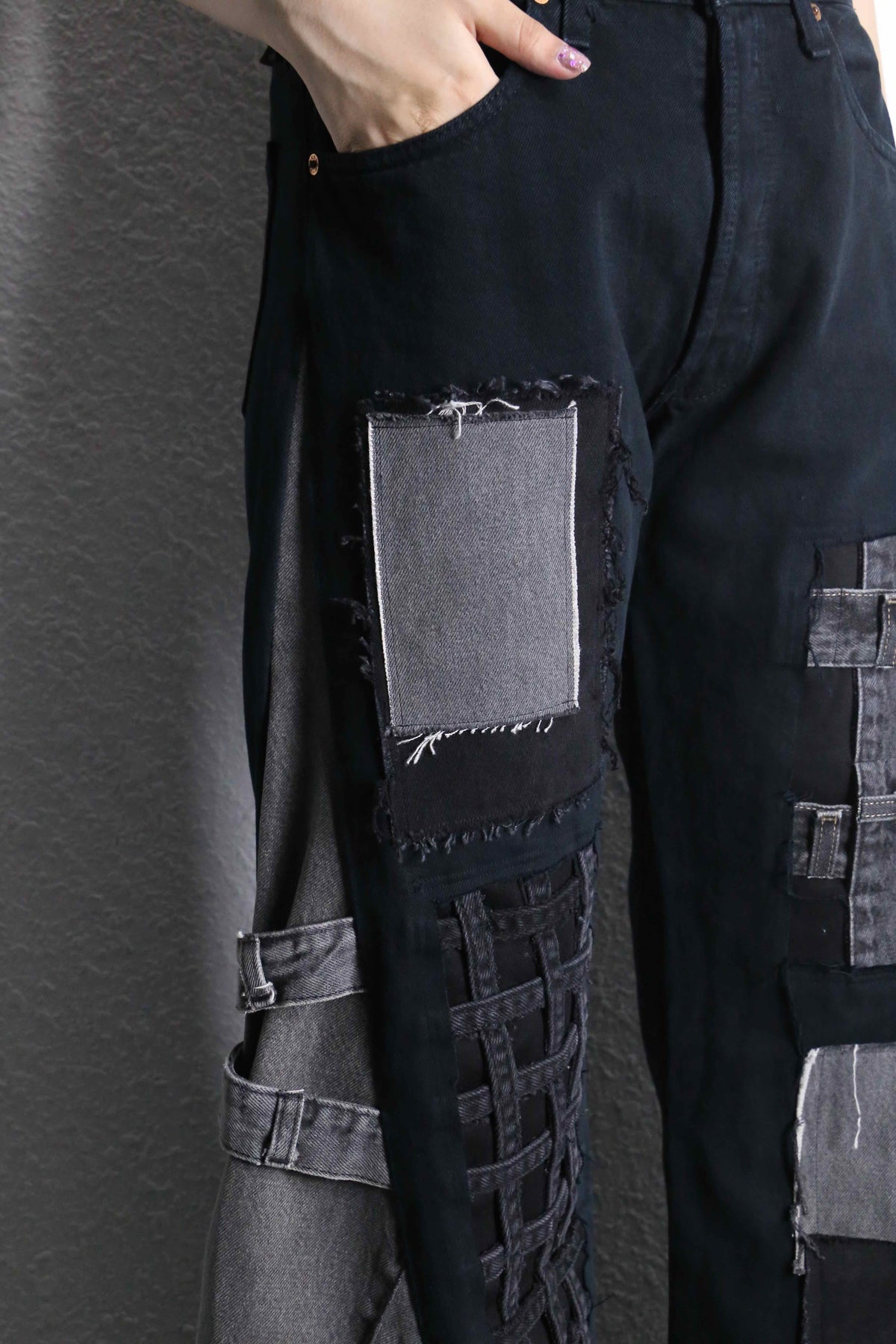 リメイク　バギー　アディダス　ブラックデニム　フレア　スーパーバギー　再構築 REMAKE】【再構築】 ラングラー アディダス ジップバギーフレア