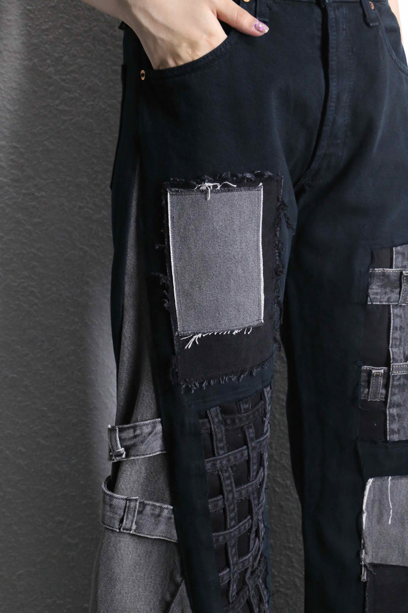"Re:make" many patch design buggy flare black denim