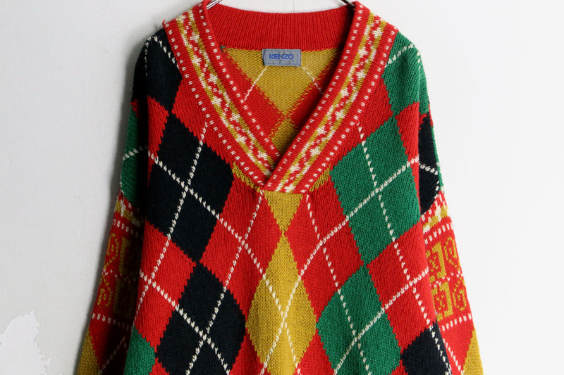 "KENZO" red color argyle v-neck knit