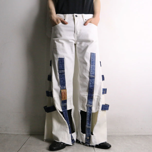 remake "再構築" gimmick flare white ×blue denim pants