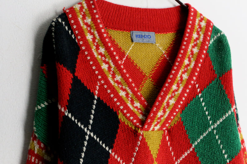 "KENZO" red color argyle v-neck knit