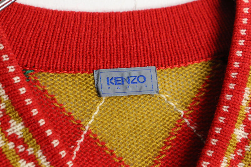 "KENZO" red color argyle v-neck knit