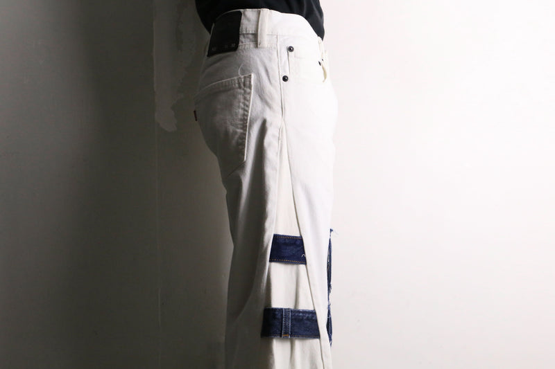 remake "再構築" gimmick flare white ×blue denim pants