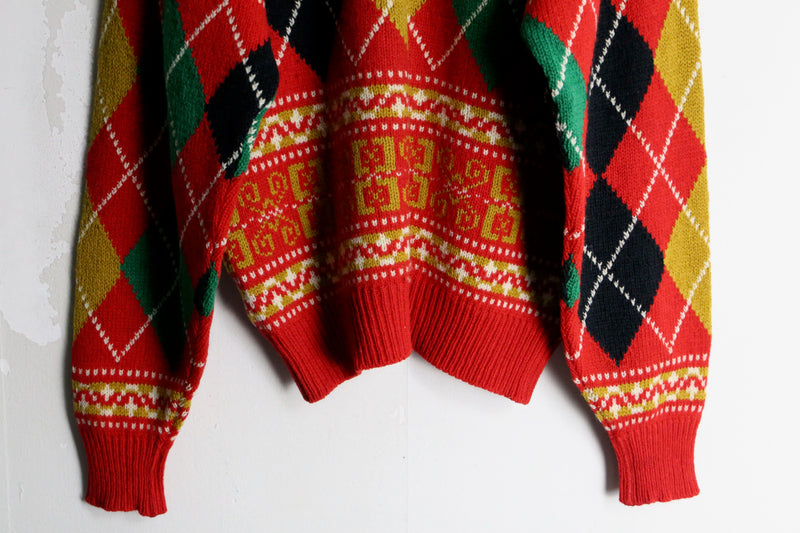 "KENZO" red color argyle v-neck knit