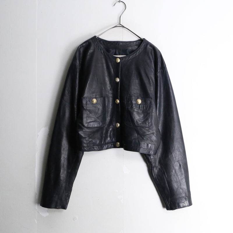 black crew neck leather jacket