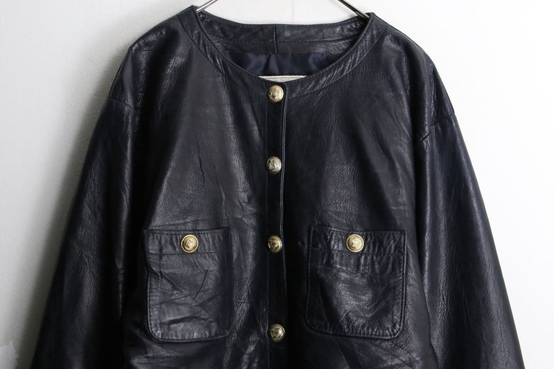 black crew neck leather jacket