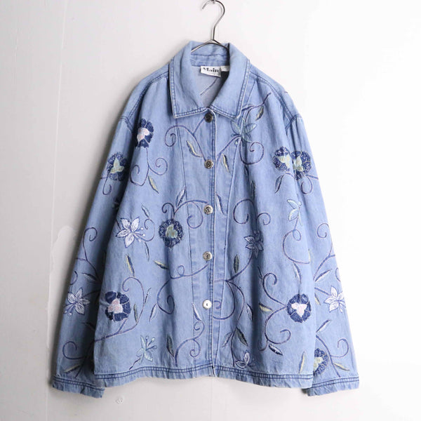sax blue color flower embroidery design denim shirt jacket