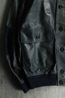 lamb skin rib collar black leather jacket