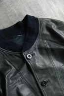 lamb skin rib collar black leather jacket