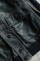 lamb skin rib collar black leather jacket