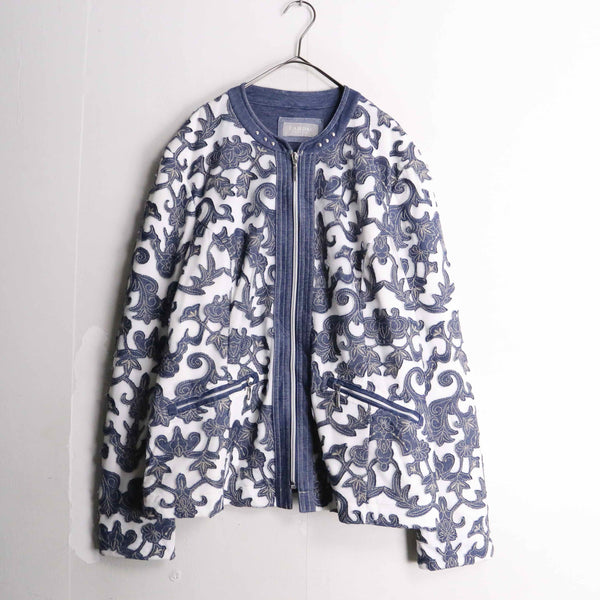 denim × sheer textile ethnic flower design zip jacket