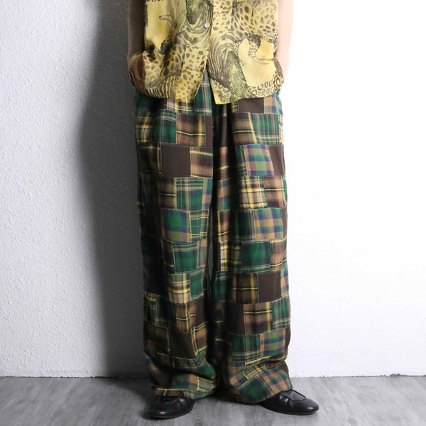 multi check patchwork easy wide pants