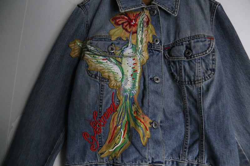 elegant bird design denim jacket