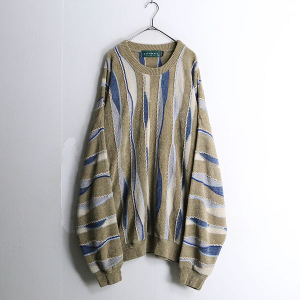 “TUNDRA” beige×blue wave 3D design pile knit