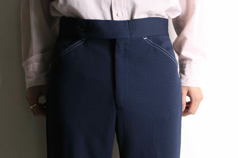 70's navy poly knitting stitch design flare pants