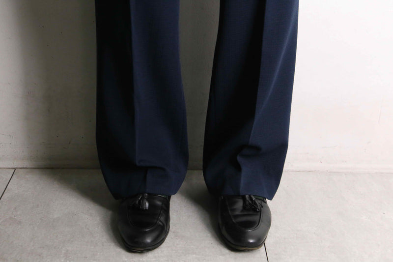 70's navy poly knitting stitch design flare pants