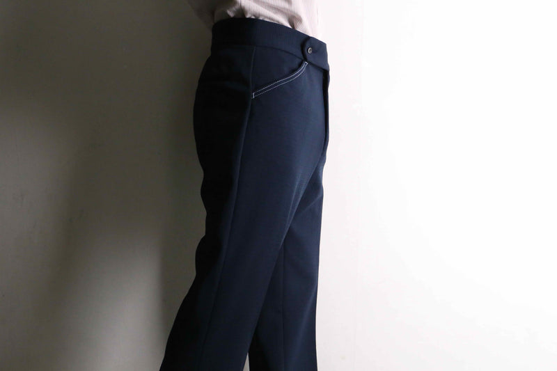 70's navy poly knitting stitch design flare pants