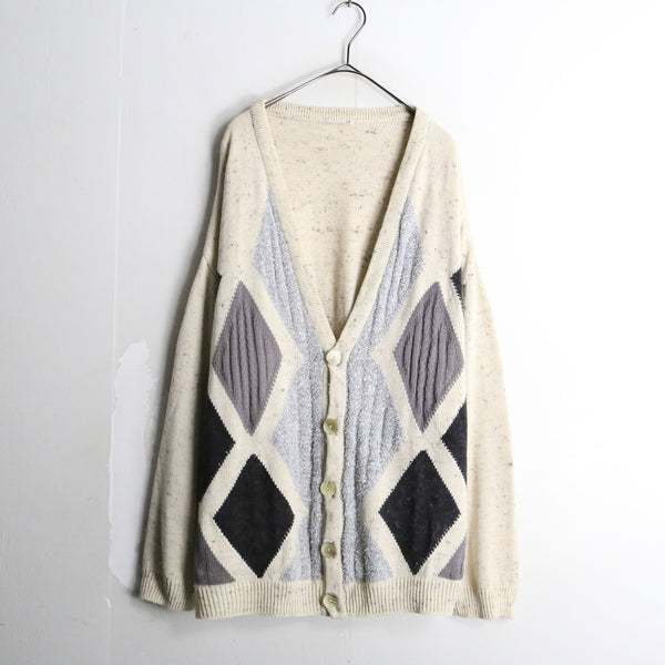 argyle pattern off-white knit cardigan