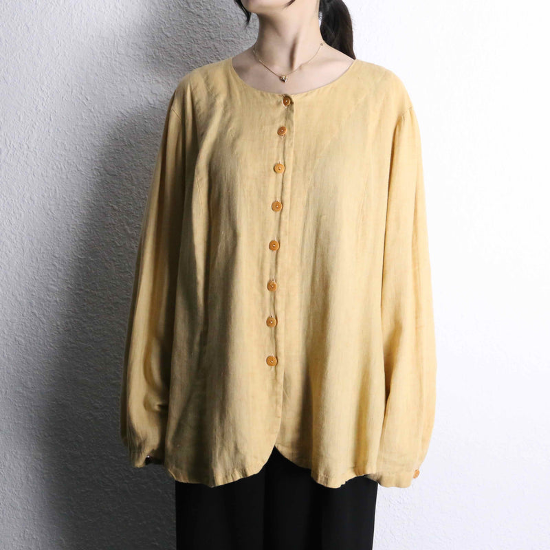 "FLAX" beige one color linen collarless shirt