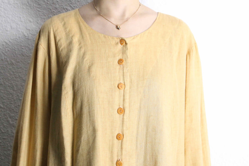 "FLAX" beige one color linen collarless shirt