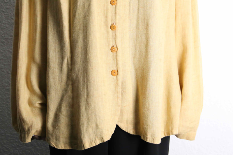 "FLAX" beige one color linen collarless shirt