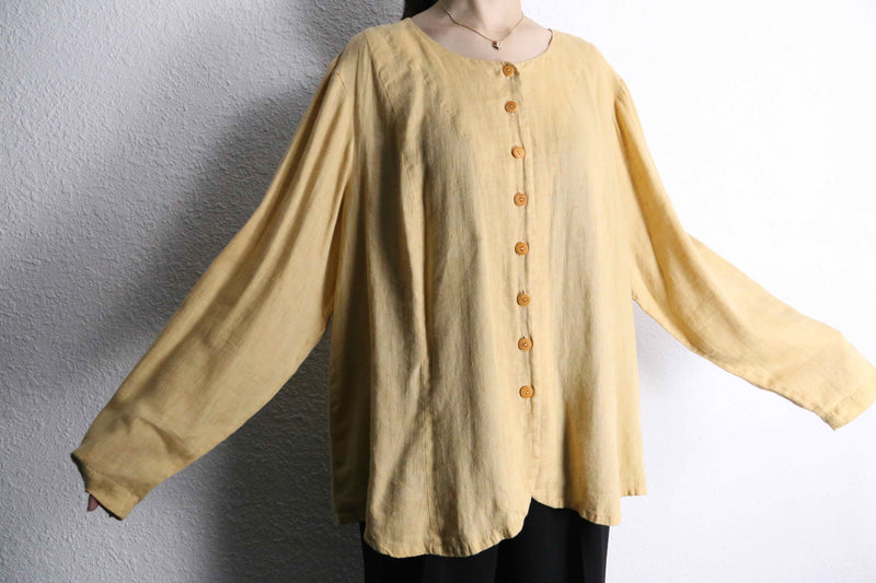 "FLAX" beige one color linen collarless shirt