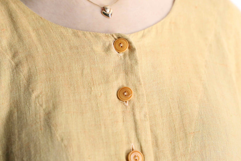 "FLAX" beige one color linen collarless shirt