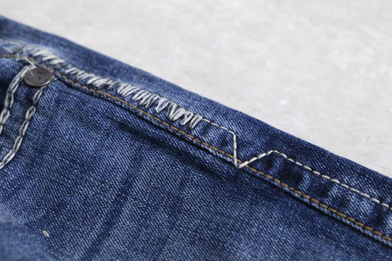 indigo color stitch design wide semi flare denim