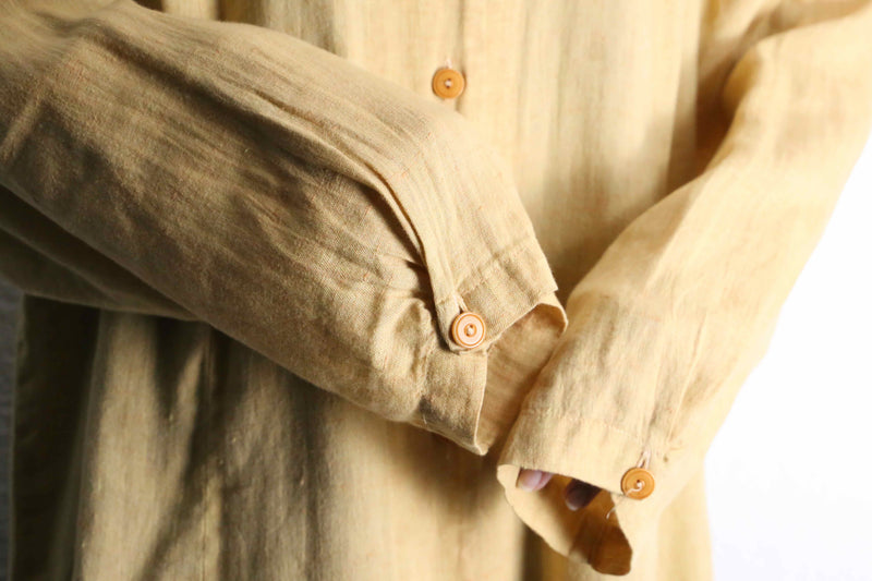 "FLAX" beige one color linen collarless shirt