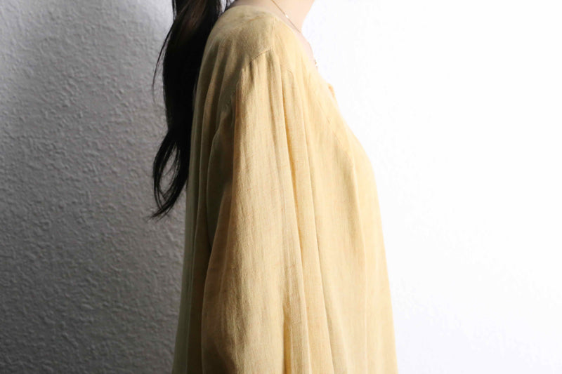 "FLAX" beige one color linen collarless shirt