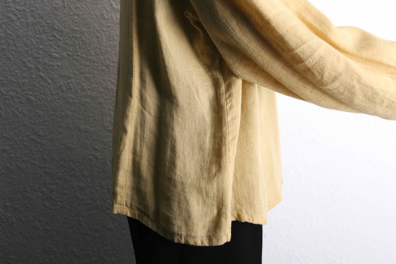 "FLAX" beige one color linen collarless shirt