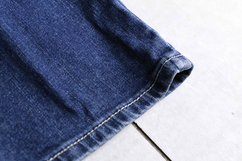 indigo color stitch design wide semi flare denim