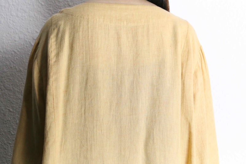 "FLAX" beige one color linen collarless shirt