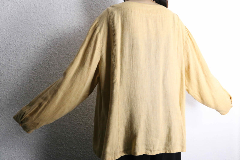 "FLAX" beige one color linen collarless shirt