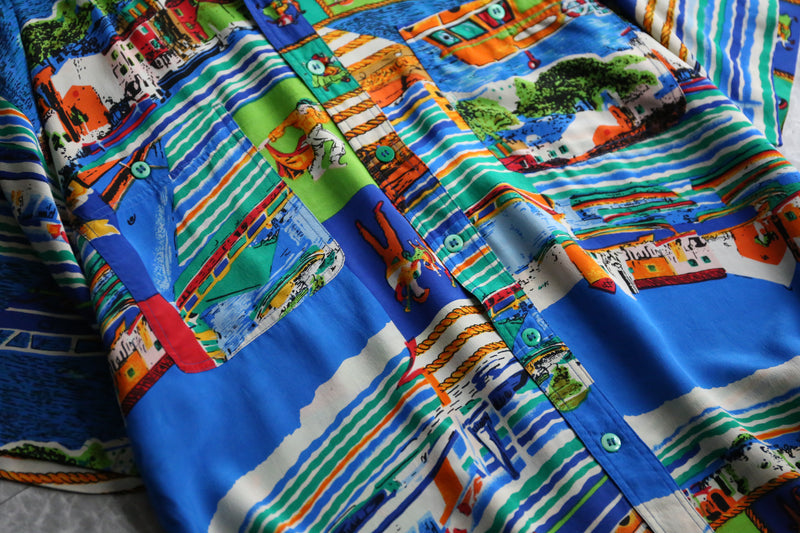 colorful scenery design h/s silk shirt