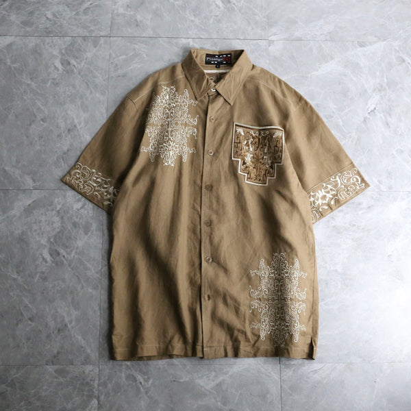 brown embroidery design linen h/s shirt